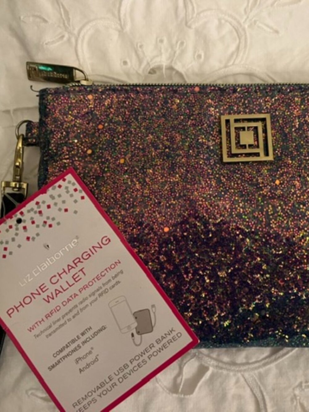 Liz Claiborne Women’s Multi Glitter Phone Charging Wristlet Wallet W/RFID